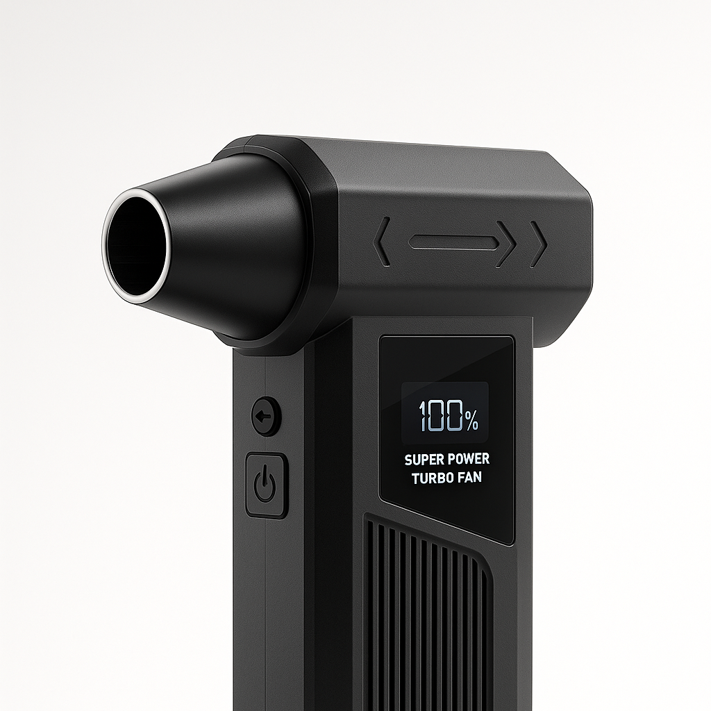 Black handheld device with digital display on a white background