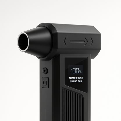 Black handheld device with digital display on a white background